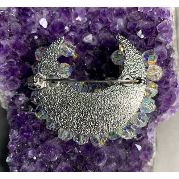 Half-Moon Clear Crystal, Aurora Borealis Pin in Silver plate, Vintage - Picture 2 of 4